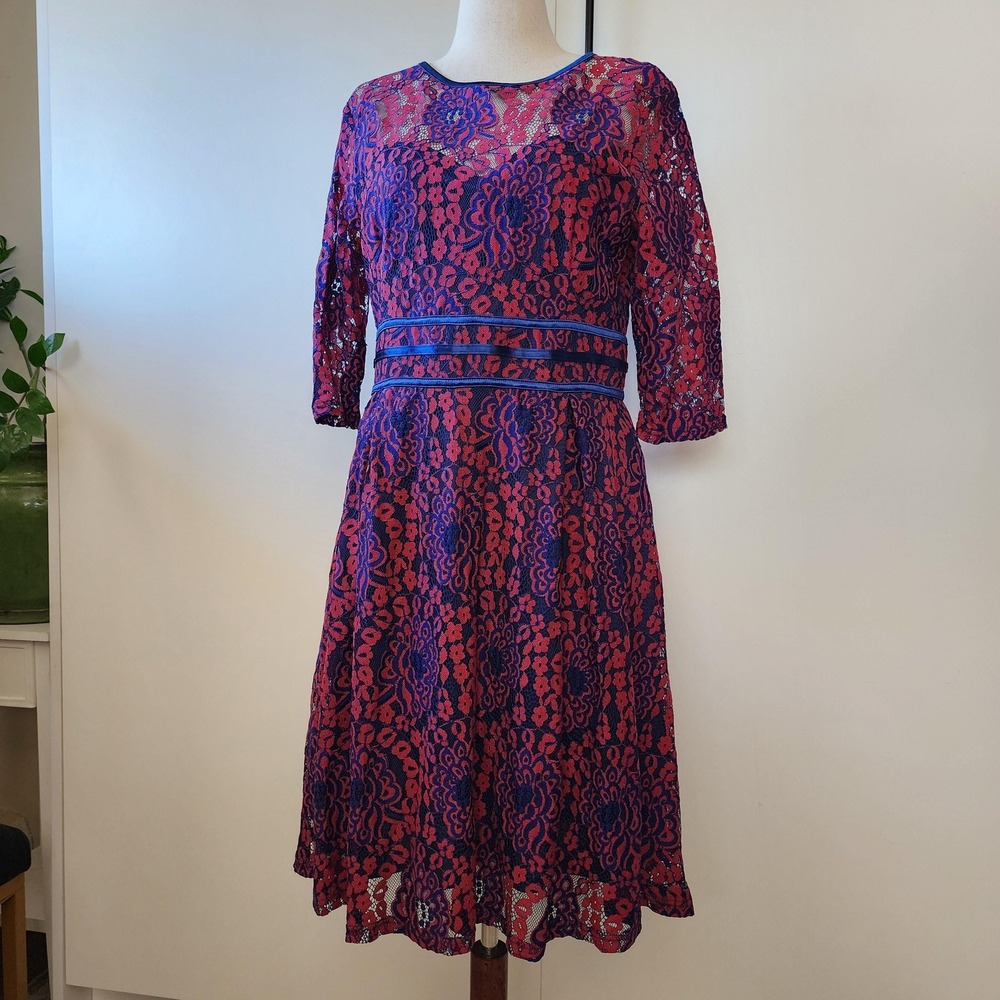 Maroon and blue lace dress, knee length dress, waist accenting flattering dress